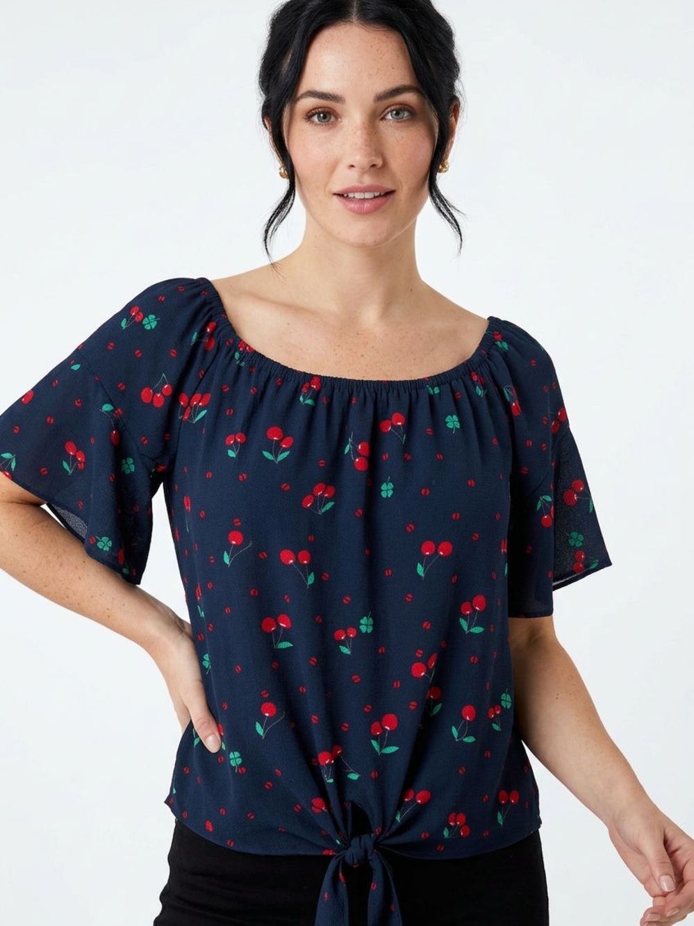 Navy Cherry-Print Short Sleeve Tie-Front Blouse